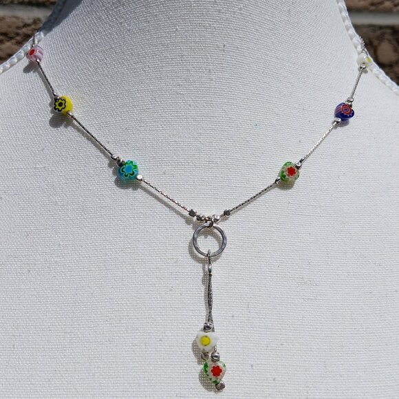 Sterling Silver Millefiori Necklace With Drop Detail Multicolour - Picture 1 of 3